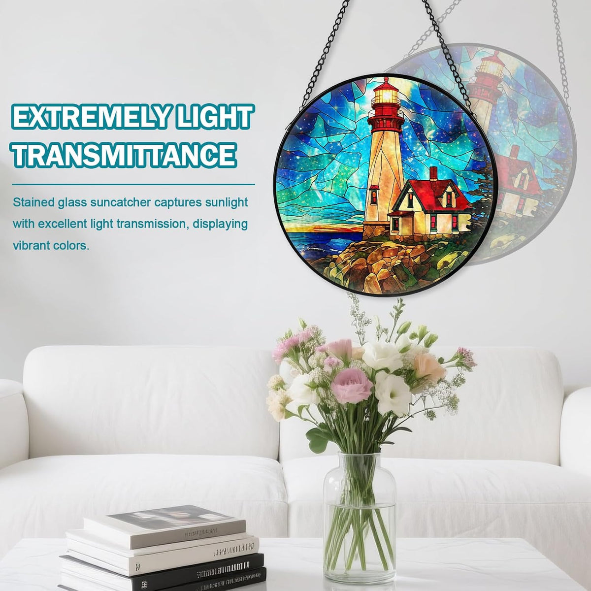 Lighthouse Stained Glass Window Hanging, Suncatcher Diamond Glass Panel Hangings, Suncatchers