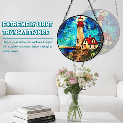 Lighthouse Stained Glass Window Hanging, Suncatcher Diamond Glass Panel Hangings, Suncatchers