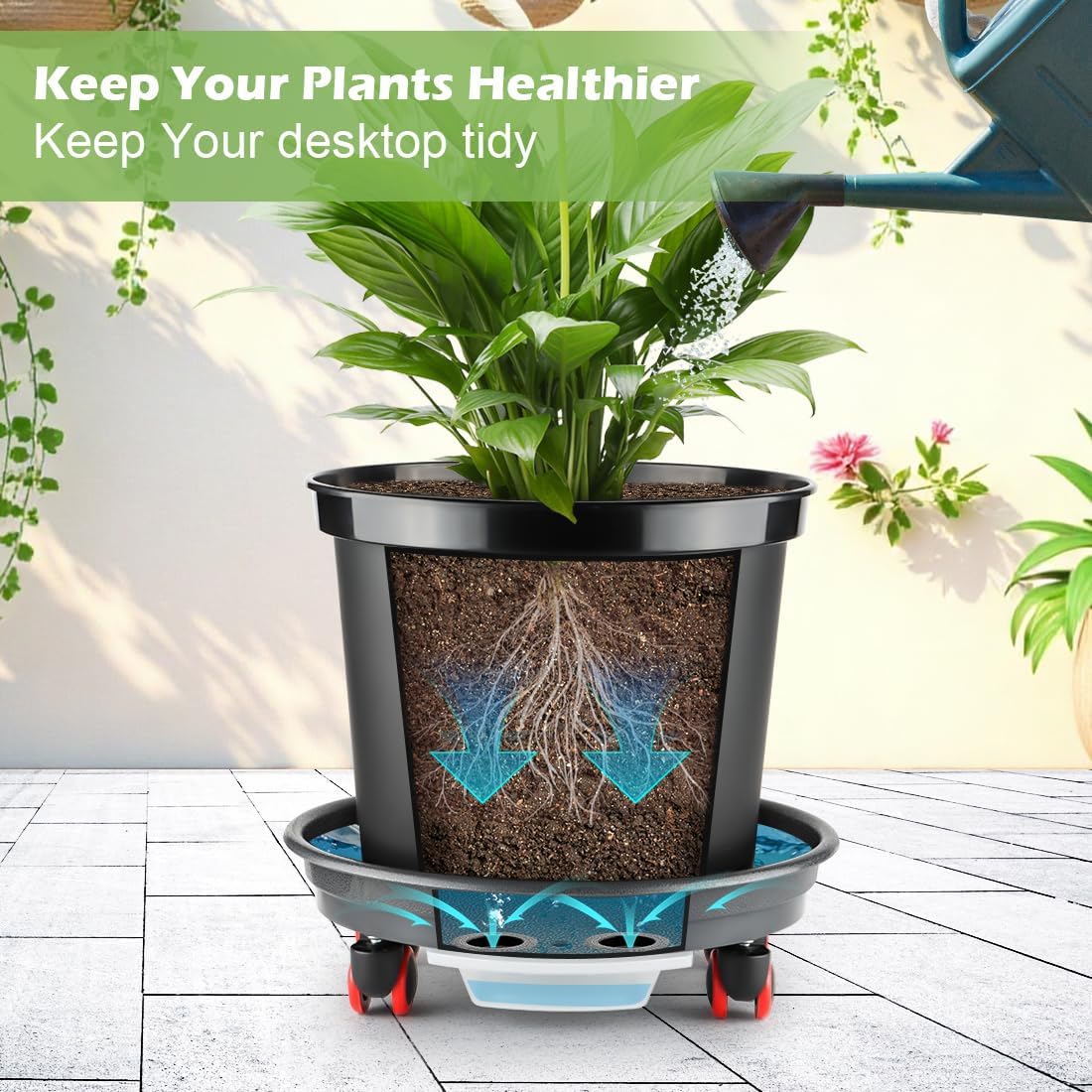 3-Pack Jumbo 15.7 Inch Planters with Rolling Saucers & Drainage – Large Flower Pots for