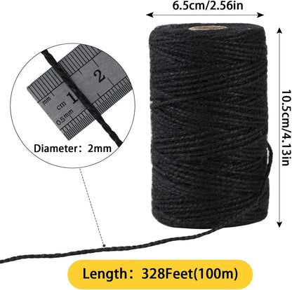2mm 328 Feet Black Natural Jute Twine, for Crafts Gift, Craft Projects, Wrapping, Bundling