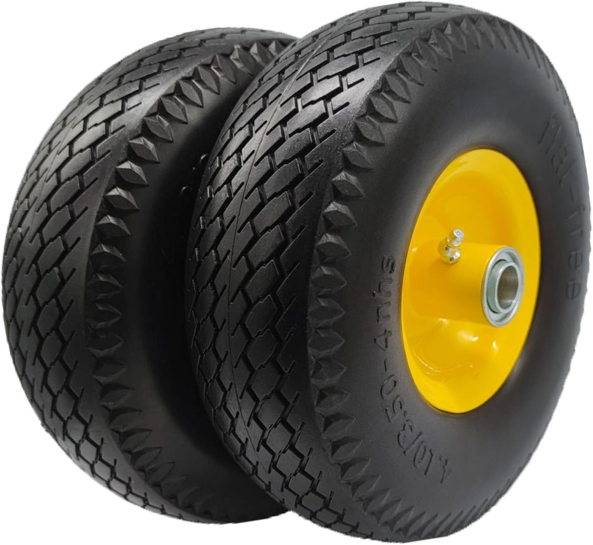 Flat Free 4.10/3.50-4 Hand Truck Tire with 3/4 Axle Bore, 2.2” Offset 10 inch Solid Tire