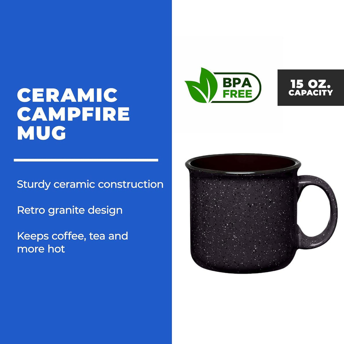 Set of 16 Ceramic Campfire Mugs – 15 Oz, Black – Coffee & Tea Cups for Home, Work, Travel, Camping