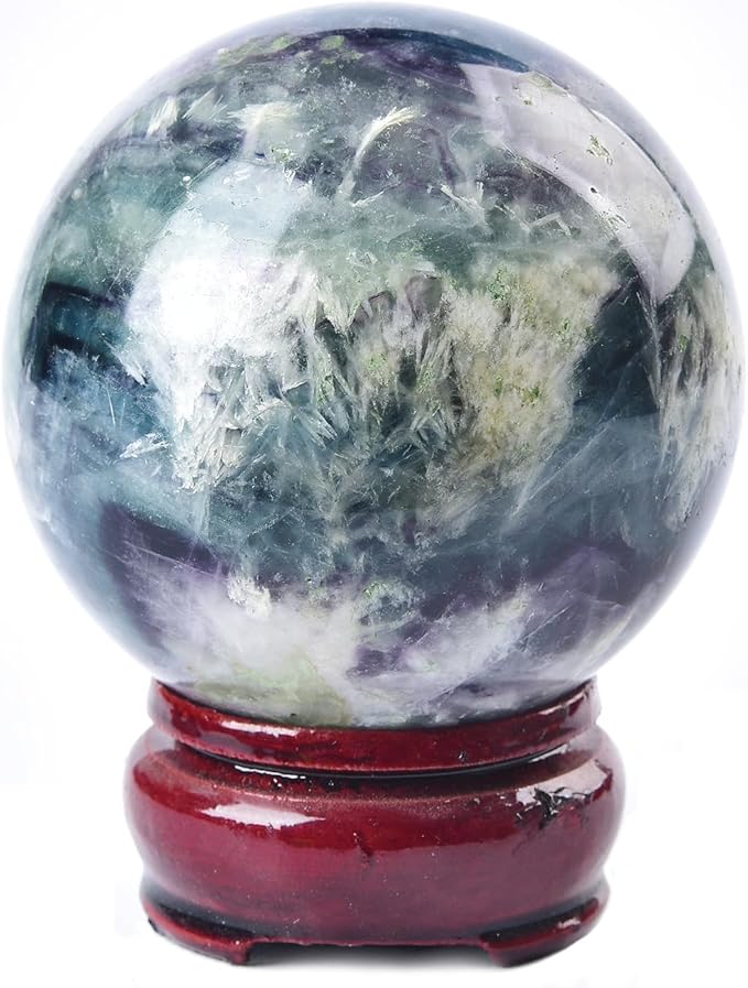 JIC Gem Natural Feather Fluorite Crystal Ball Round Healing Crystals Decorative Sphere with Wooden