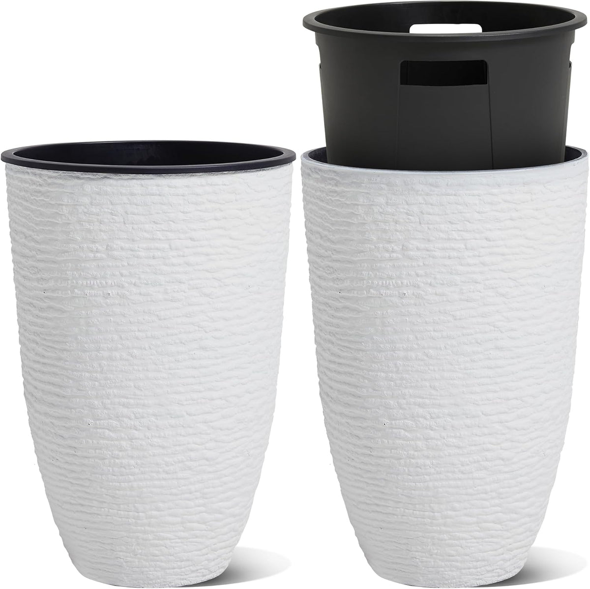 WORTH Garden 2-Pack 21" H. White Tall Planters with Inside Pots - 14'' Dia Plastic Large Round