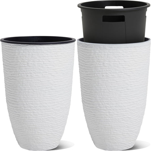 WORTH Garden 2-Pack 21" H. White Tall Planters with Inside Pots - 14'' Dia Plastic Large Round