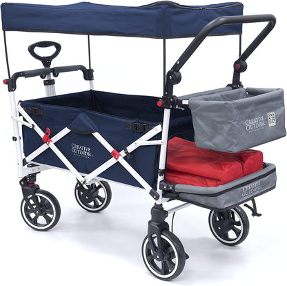 Creative Outdoor Wagon for Kids Push Pull Collapsible Stroller with Canopy Folding Cart | Titanium