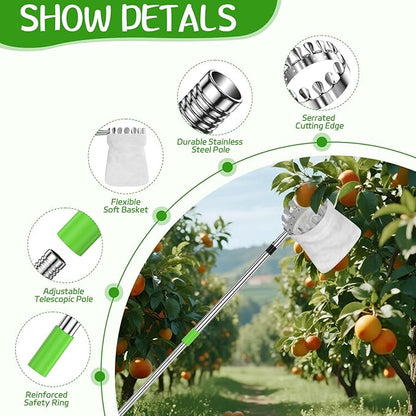 6.6 FT Fruit Picker Tool with Stainless Steel Pole & Soft Cloth Basket – Lightweight Tree Fruit