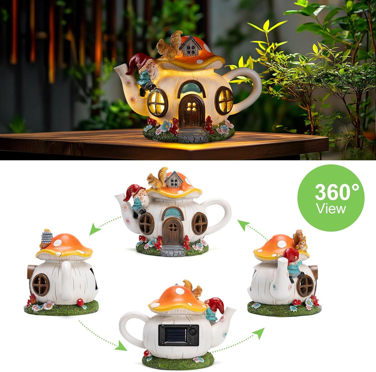 Mushroom Fairy House Garden Decor Solar Light – Outdoor Gnome Statue with Squirrel, Resin Teapot