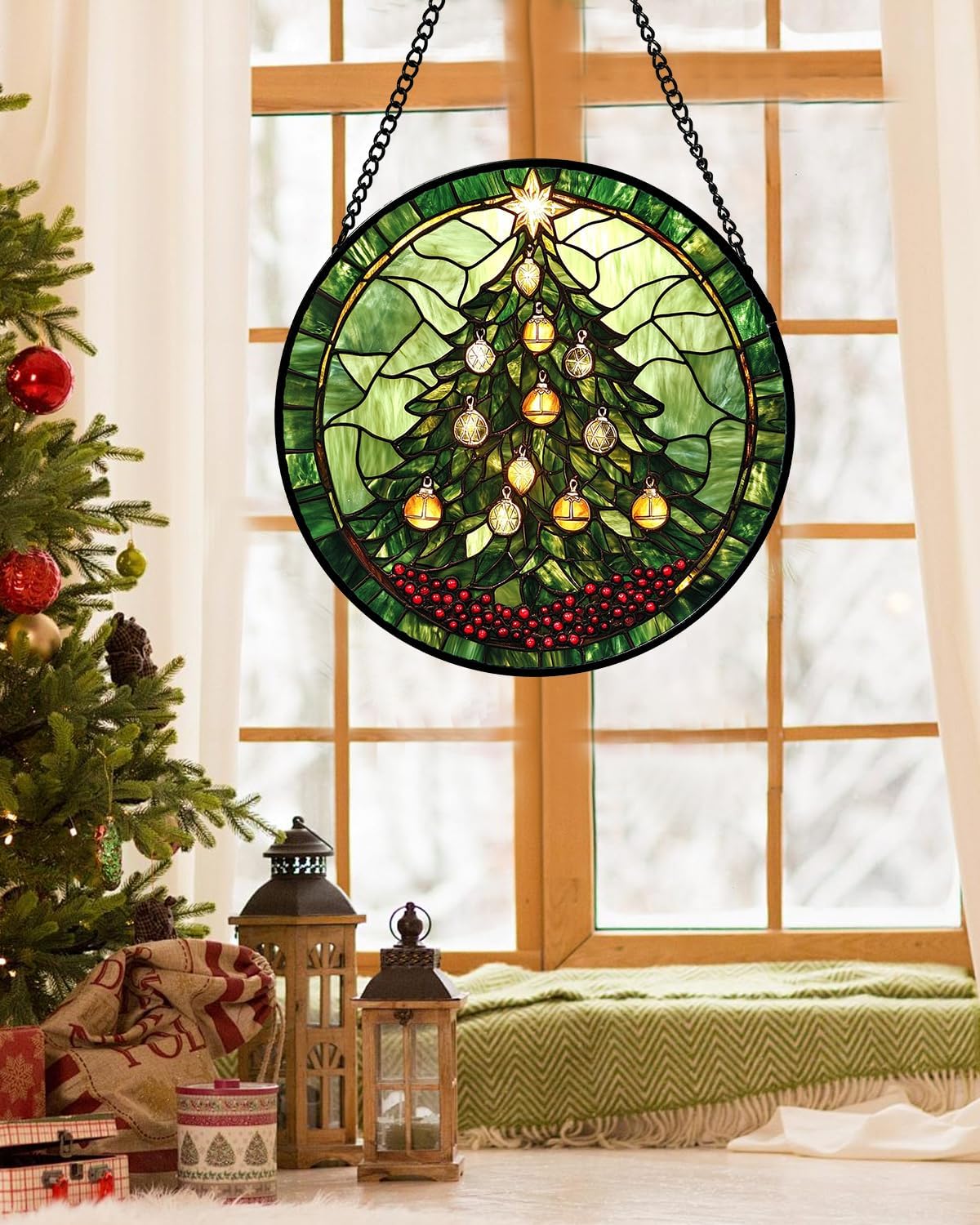 Stained Glass Window Hanging - Green Christmas Tree Golden Bells Suncatcher for Doors Home