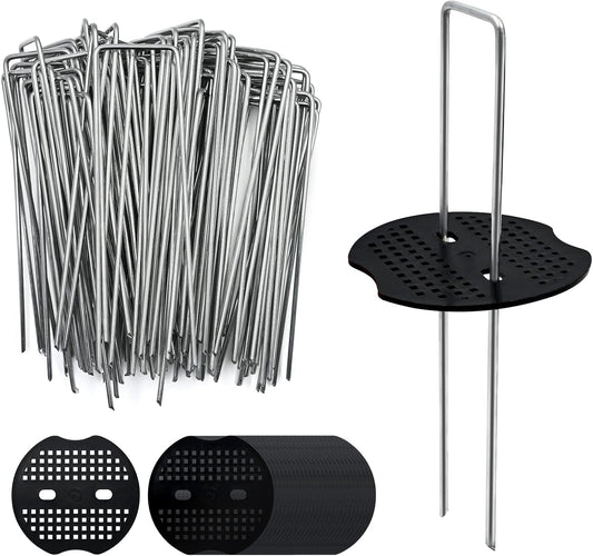 100 Pack 6 Inch Landscape Staples & 100pcs Fixing Gasket Sets, Garden Stakes Galvanized Steel