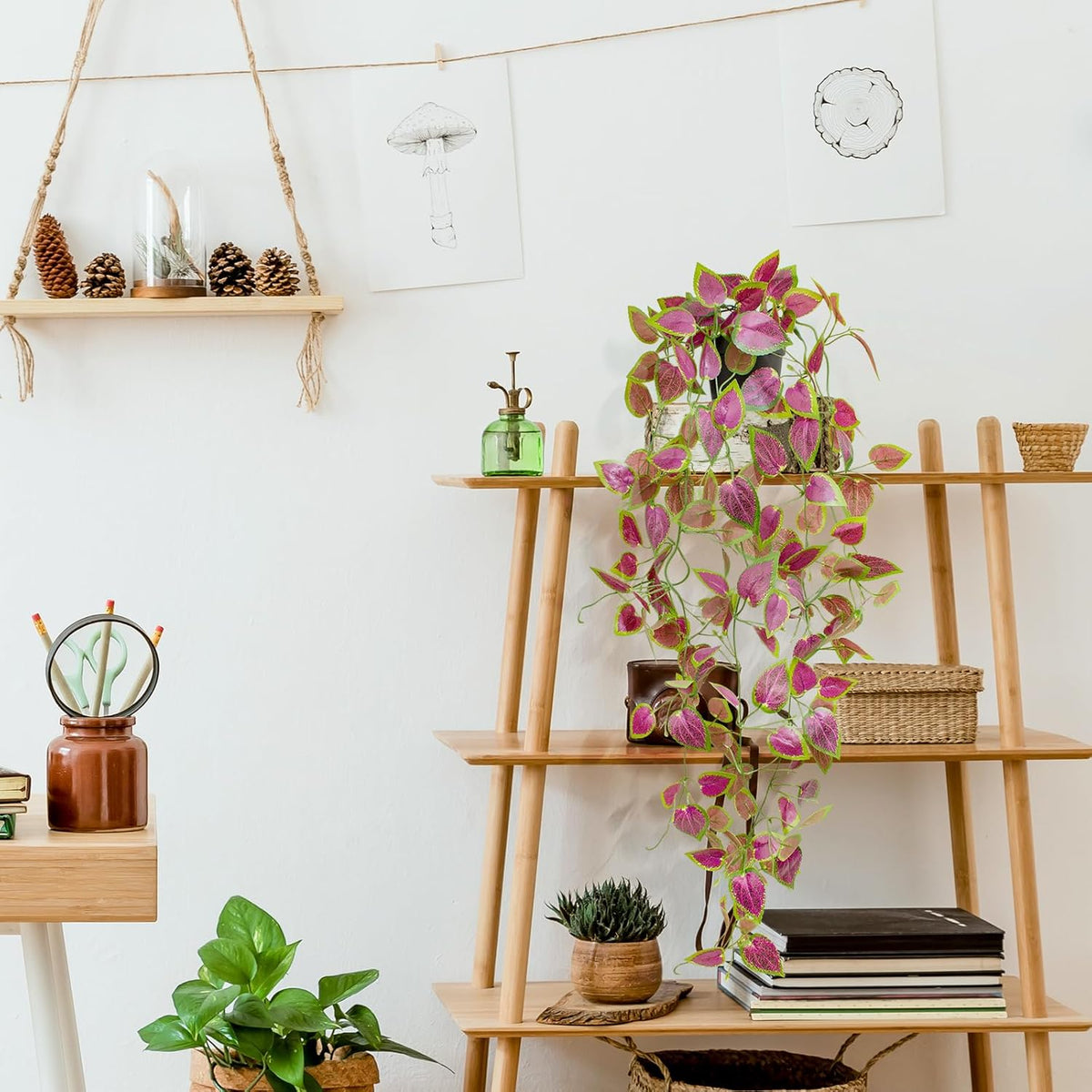 Artificial Hanging Potted Plants, Small Fake Purple Potted Plant Faux Ivy Vine Plant for Shelf Home