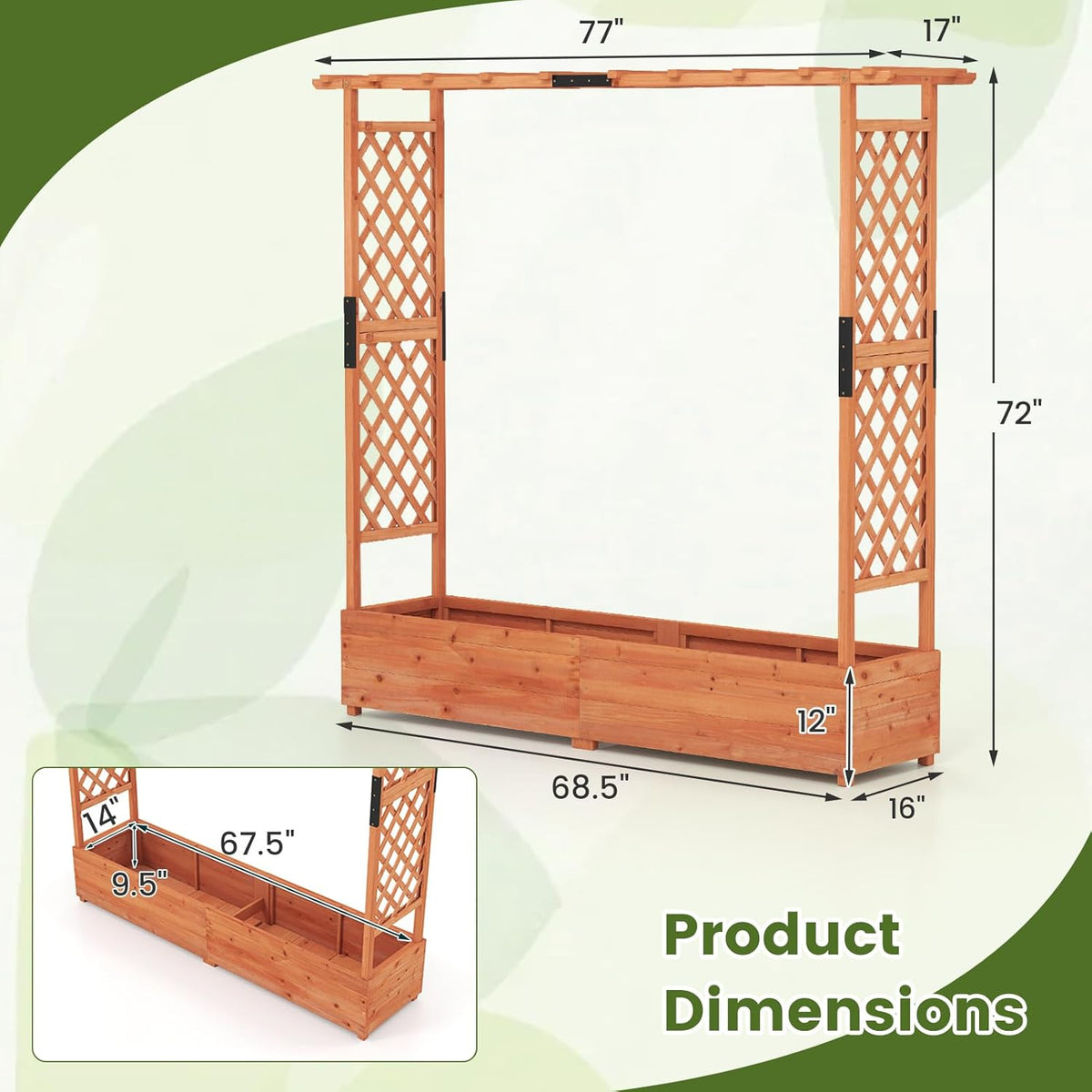 S AFSTAR 77-Inch Raised Garden Bed with Arch Trellis, Hanging Roof & Drainage Holes, Vertical Plant