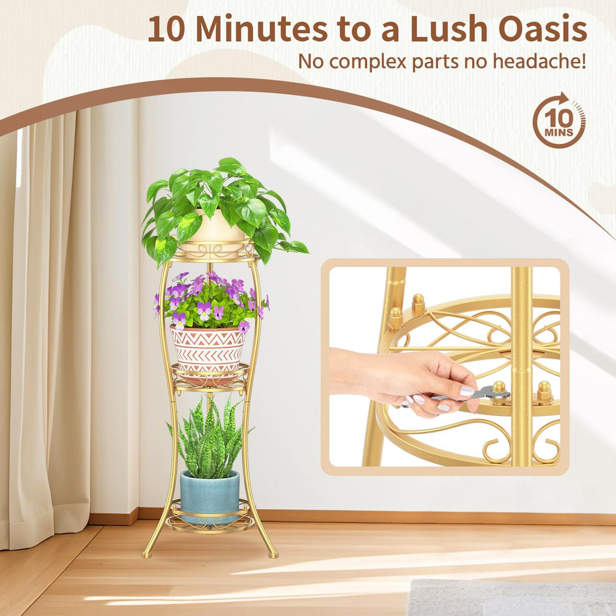 LASZOLA Gold 3 Tier Tall Plant Stand for Indoor Outdoor, Large Multiple Level Flower Planter Holder