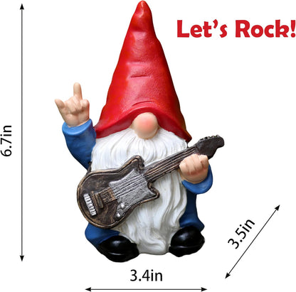 Garden Gnome with Guitar 7.1“ Figurine Ornament for Indoor Outdoor Home Patio Yard Lawn, Red Hat