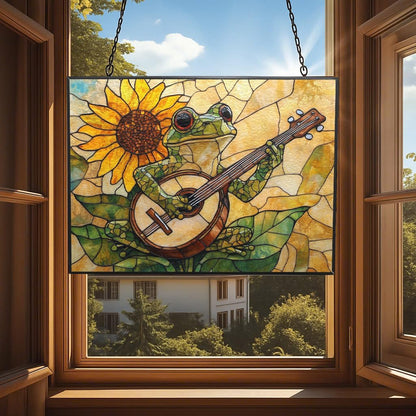 Customized Rectangle Boho Frog Playing Banjo Stained Glass Window Hanging Suncatcher Stained Glass