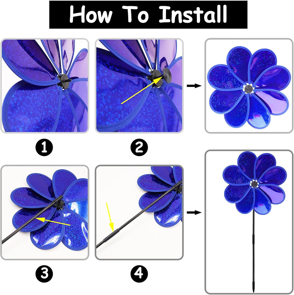 4PCS Flower Wind Spinner Sparkly Lawn Pinwheel 11.8 inch Colorful Rainbow Garden Windmill for