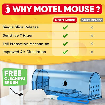 Motel Mouse Humane No Kill Live Catch and Release Mouse Traps, Reusable with Cleaning Brush - 4 Pack