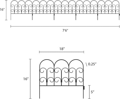 Metal Garden Fencing - Set of 5 Interlocking Panels for Flower Beds and Landscaping - Decorative
