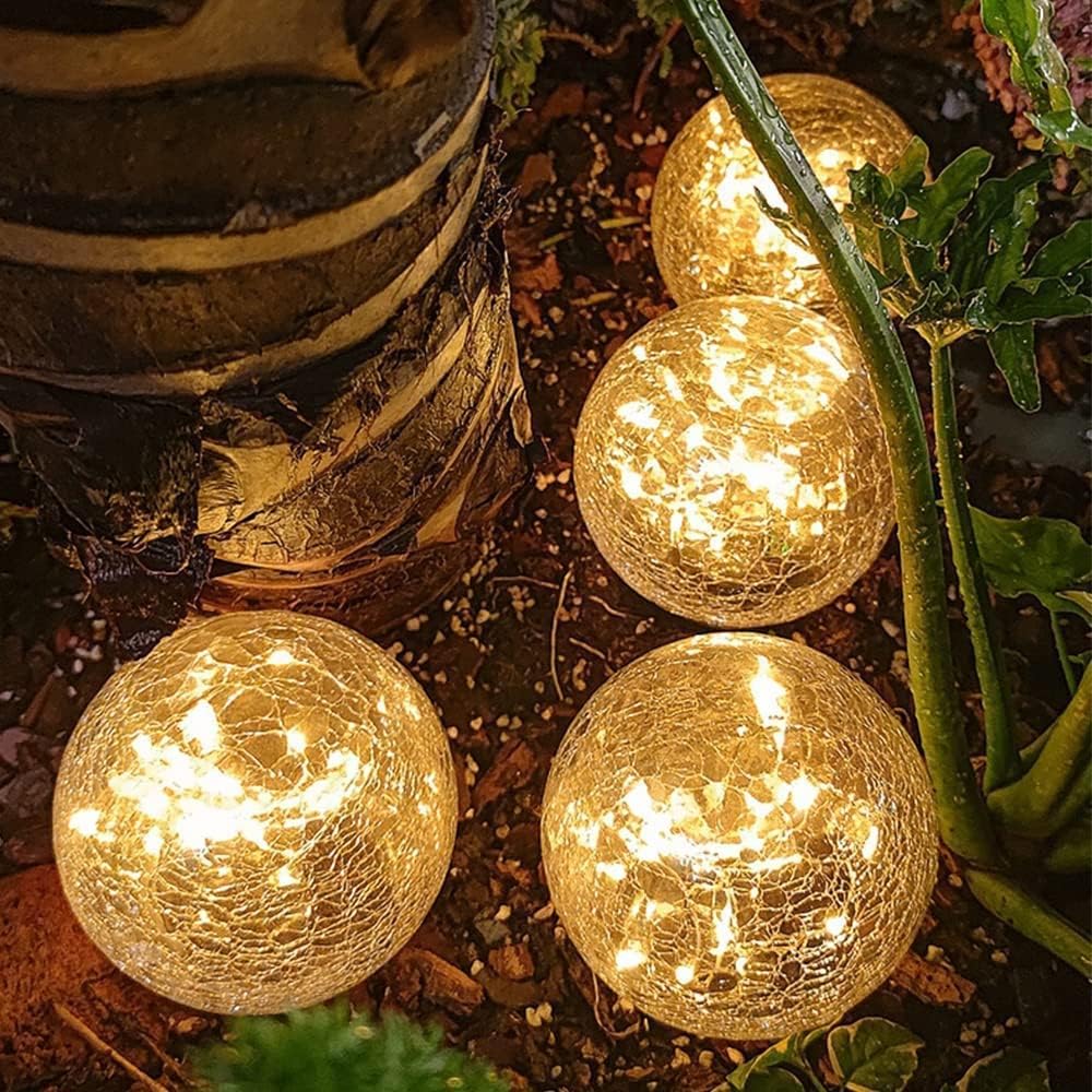 TOMEX 4 Pack Solar Garden Lights, Cracked Glass Ball Waterproof Warm White LED for Outdoor Decor