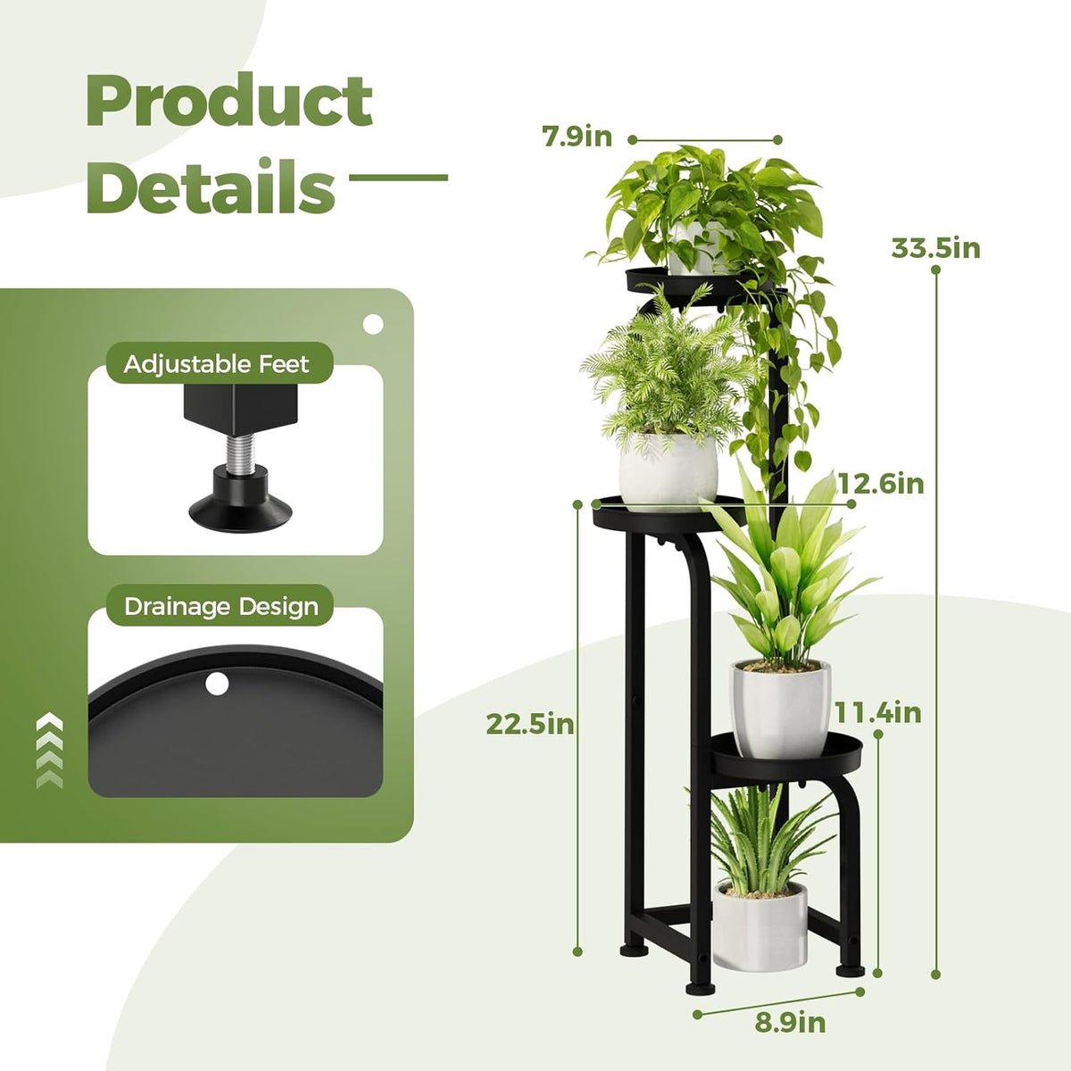 Bamworld Tall Plant Stand Indoor Outdoor, Corner Metal Flower Pot Stands for Multiple Plants, 3