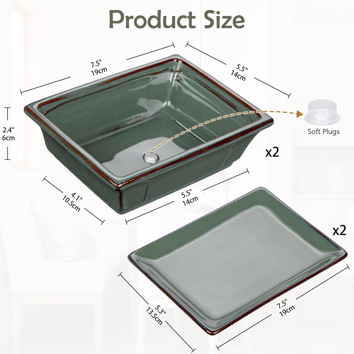 Ceramic Bonsai Pots with Drainage Trays Set of 2, Green Glazed Bonsai Planters for Indoor/Outdoor
