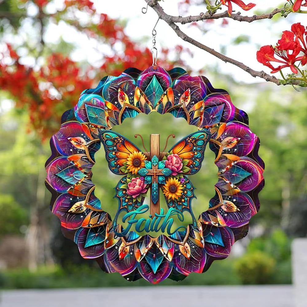 Cross Wind Spinner, Metal Wind Spinners Outdoor/Indoor, Cross Butterfly Hanging Garden Decor for