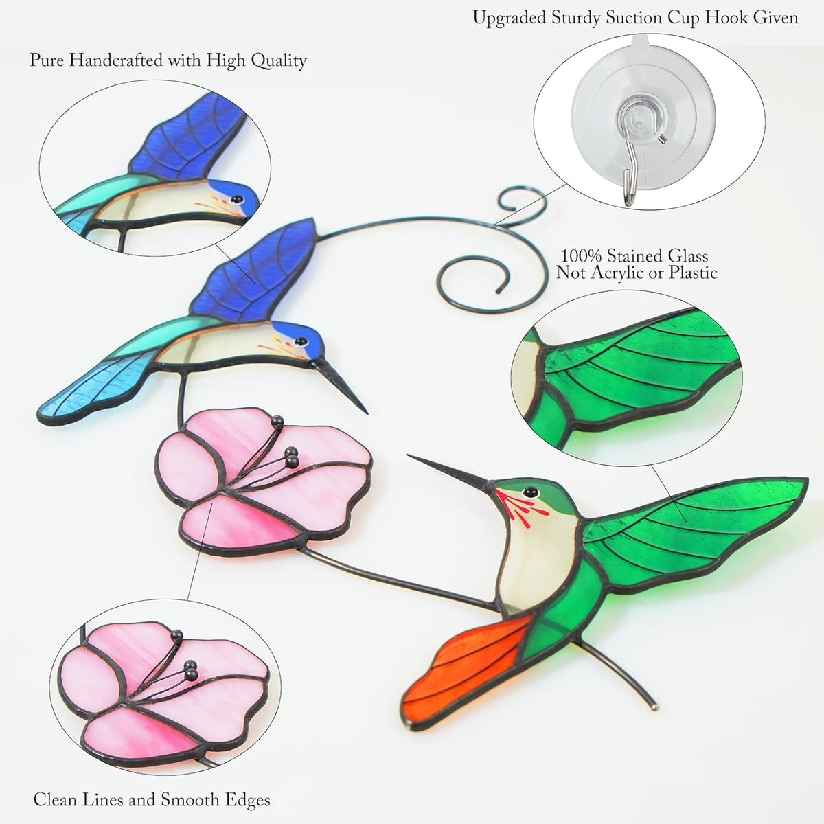 Hummingbird Stained Glass Window Hanging, Handmade Humming Bird with Flower Suncatcher, Sun Catcher