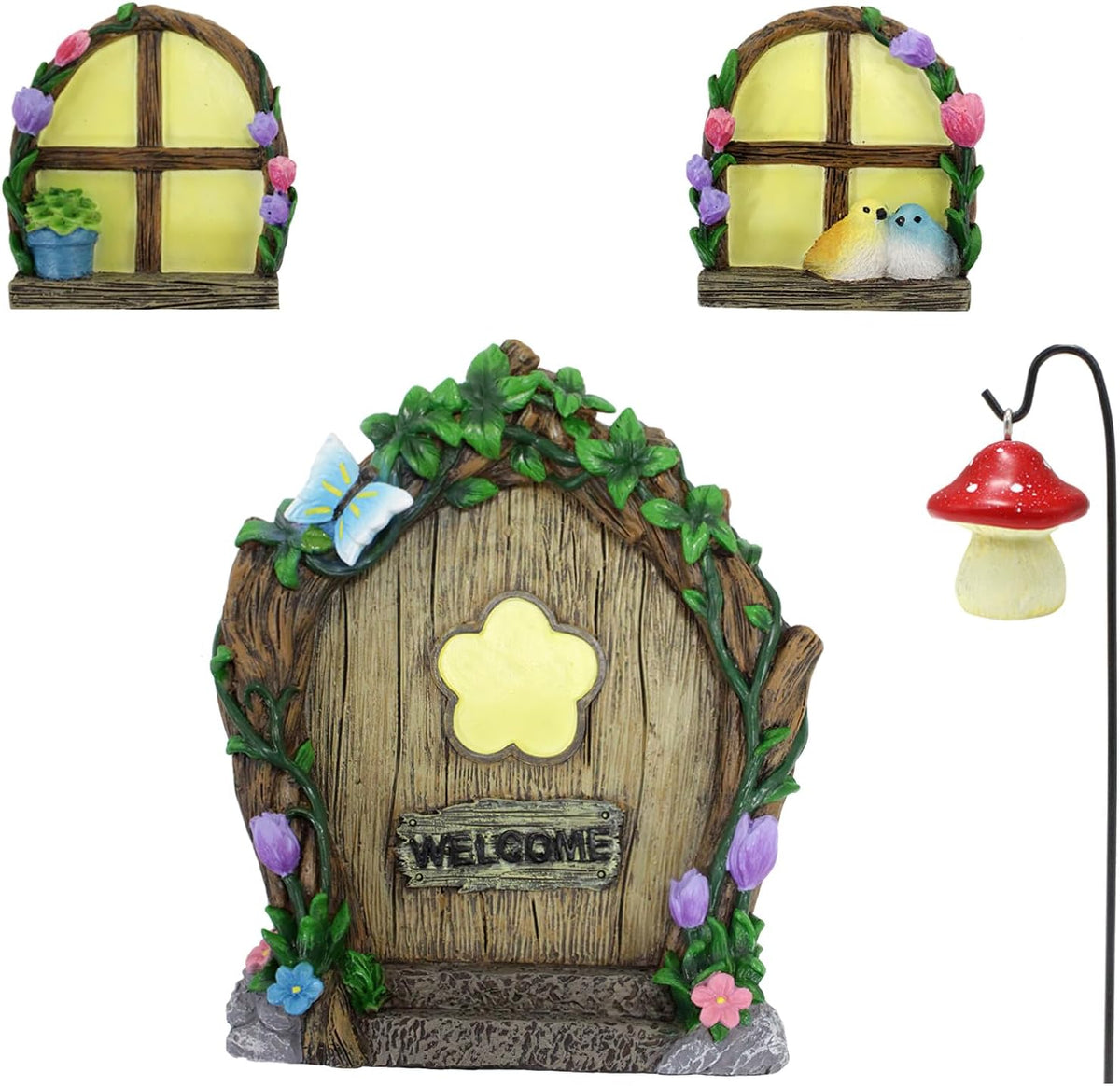 Fairy Door and Windows Garden Kit Accessories Outdoor, Glow in Dark Gnome House for Tree, Lawn Yard