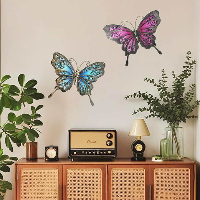 LIFFY Metal Butterfly Wall Decor,2Pack 12" Glass Butterfly Outdoor Wall Art Sculptures,Hanging