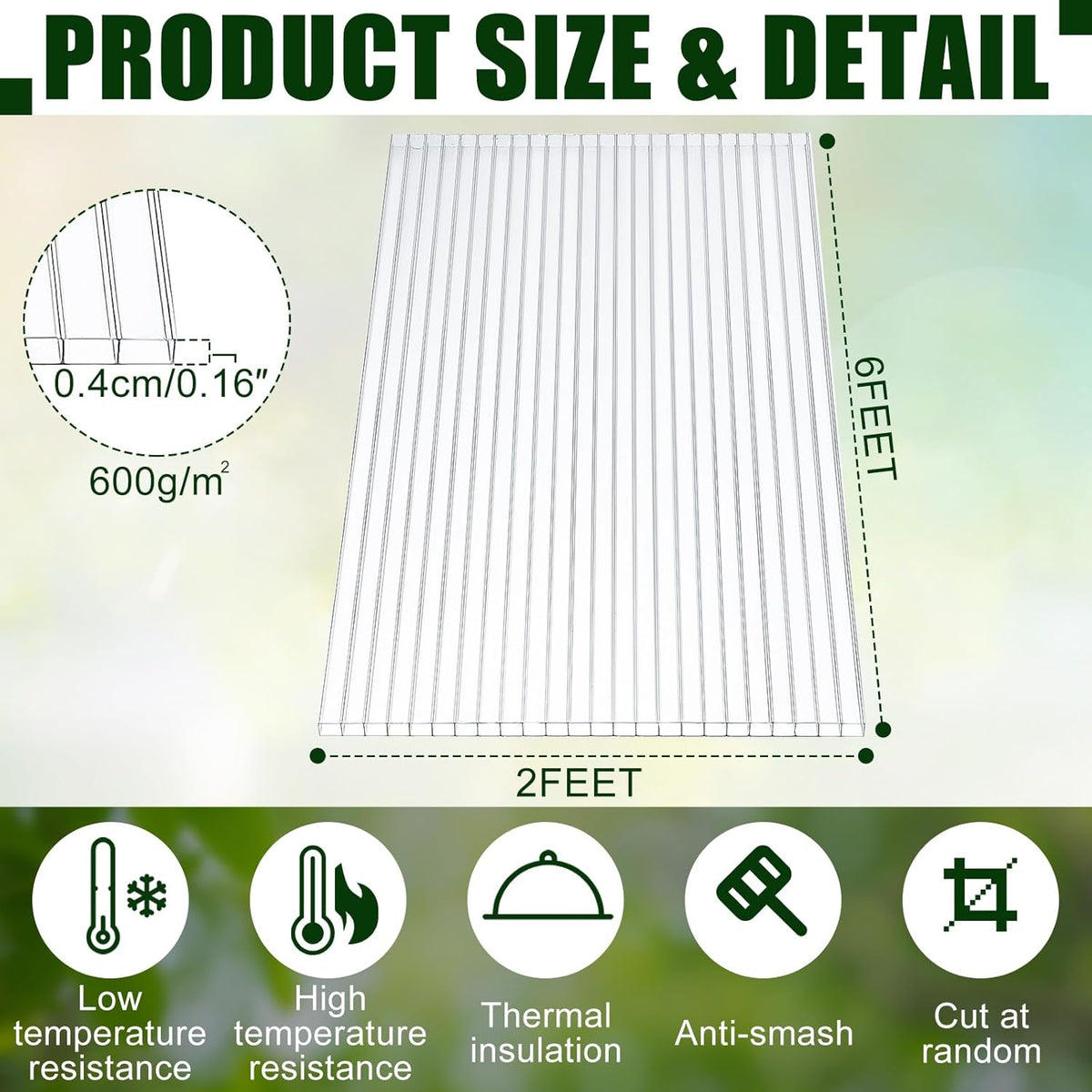 Tatuo 5 Pack 6' x 2' x 0.16'' Polycarbonate Greenhouse Panels Polycarbonate Sheets Twin-Wall Roof