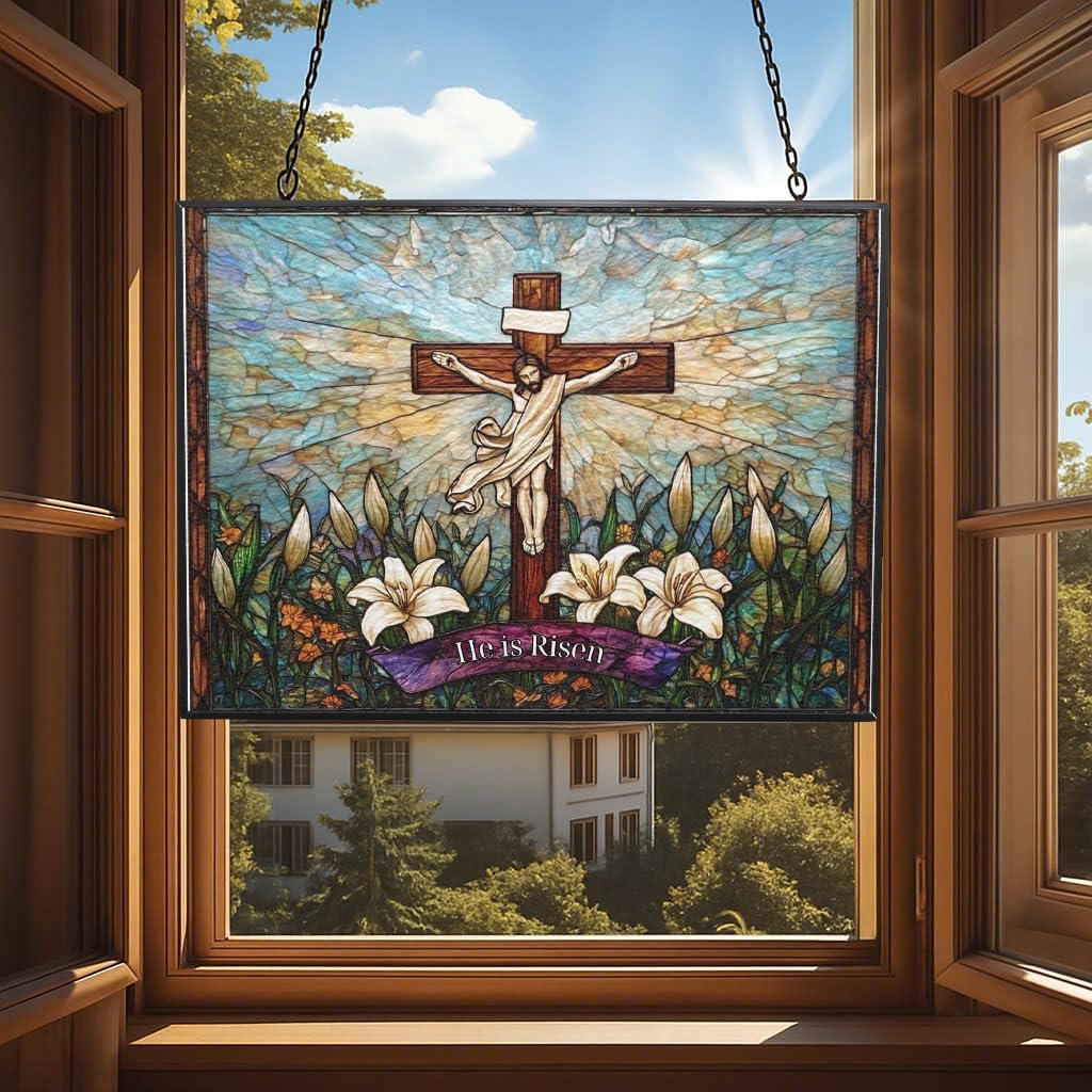 Personalized Rectangle He is Risen Suncatchers for Windows, Stained Glass Window