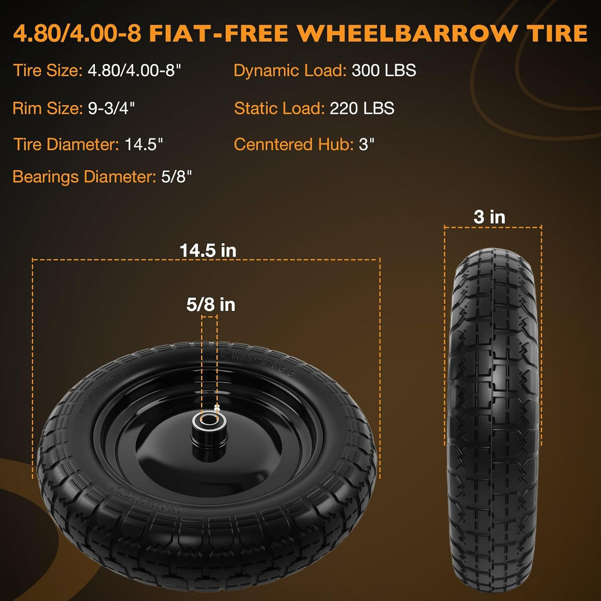 HQPASFY 14.5" Flat Free Tire 4.80/4.00-8 Wheelbarrow Tire and Wheel, 3" Centered Hub, 5/8" & 3/4"