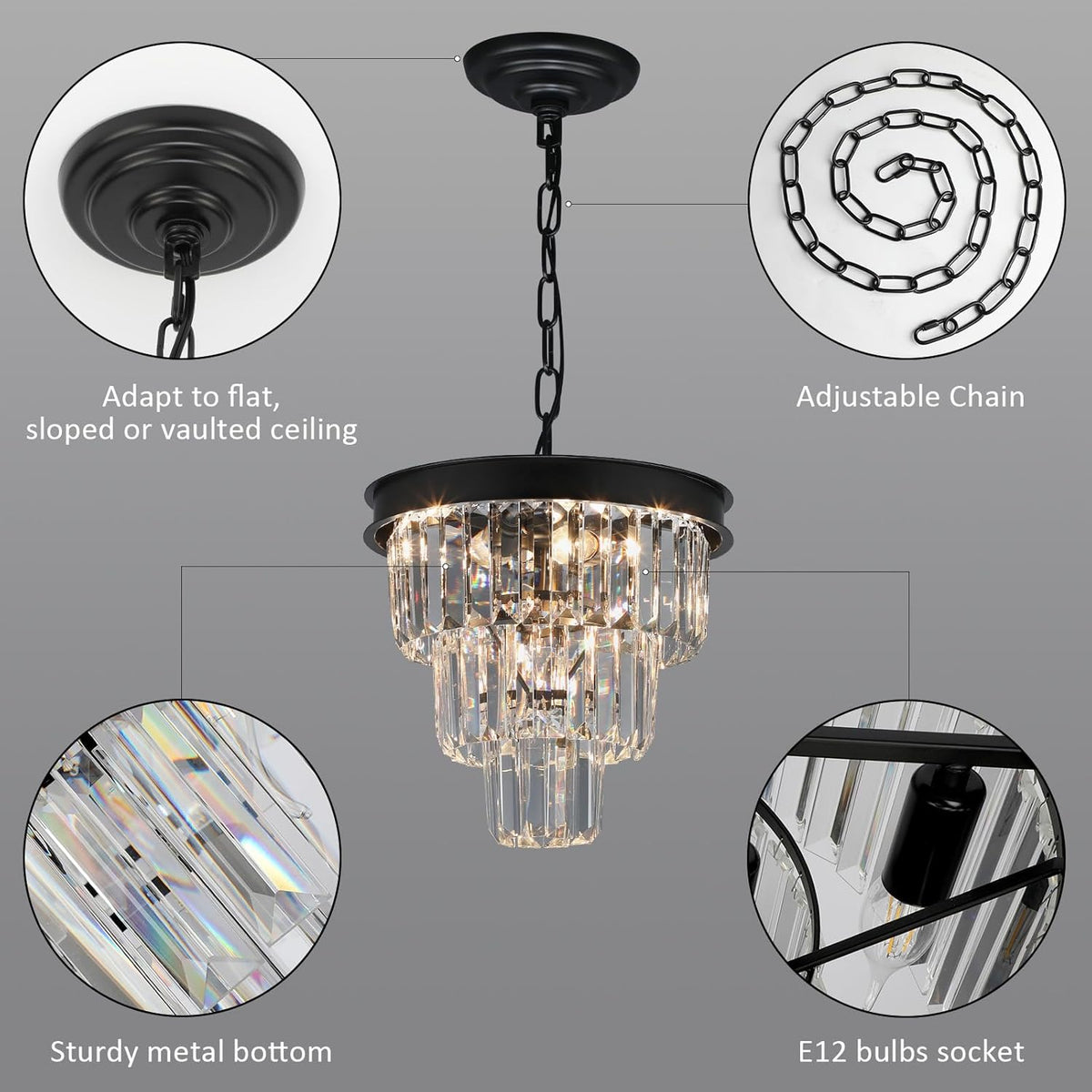 Crystal Chandeliers for Dining Room Light Fixtures Over Table，4-Lights Modern Black Crystal Pendant