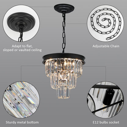 Crystal Chandeliers for Dining Room Light Fixtures Over Table，4-Lights Modern Black Crystal Pendant