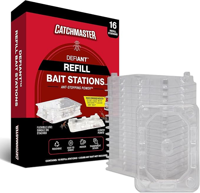 Catchmaster DEFIANT Reusable Ant Traps Indoor Refill (16 Pack) – Effective Liquid Ant Killer – Bait