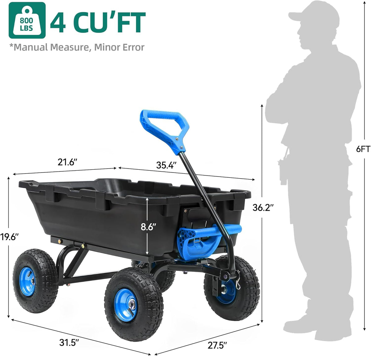 800lb Garden Dump Cart, Heavy Duty Wheelbarrow Dump Wagon with 4 Wheels&Quick-Release Dumping