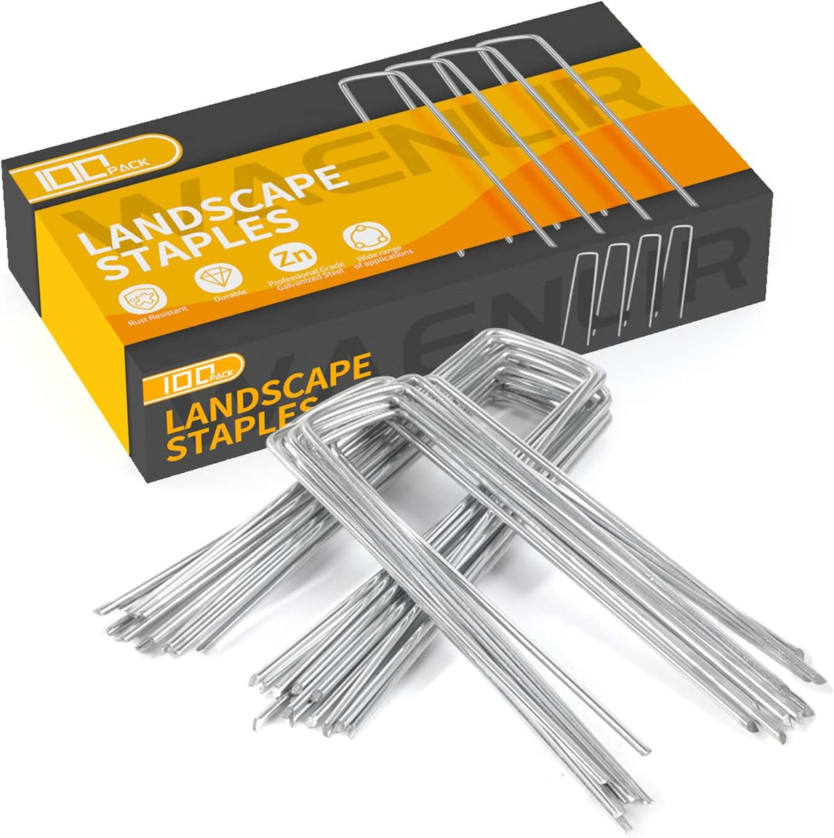 WAENLIR 6 inch 100 Pack Garden Staples Galvanized Landscape Stakes, Heavy Duty Fence Stakes Sod