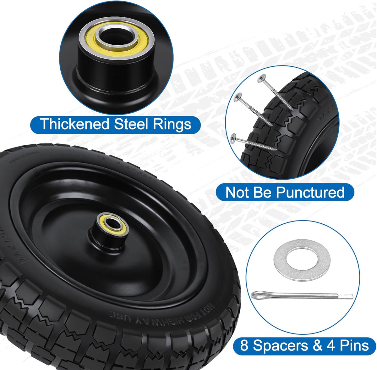 13 Inch Flat Free Wheels Tires 4.00-6 Solid Replacement with Universal 5/8" Axle Bore Hole, 8