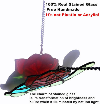 Stained Glass Turtle with Rose Birthday Gifts for Women, Stained Glass Window Hanging Suncatcher