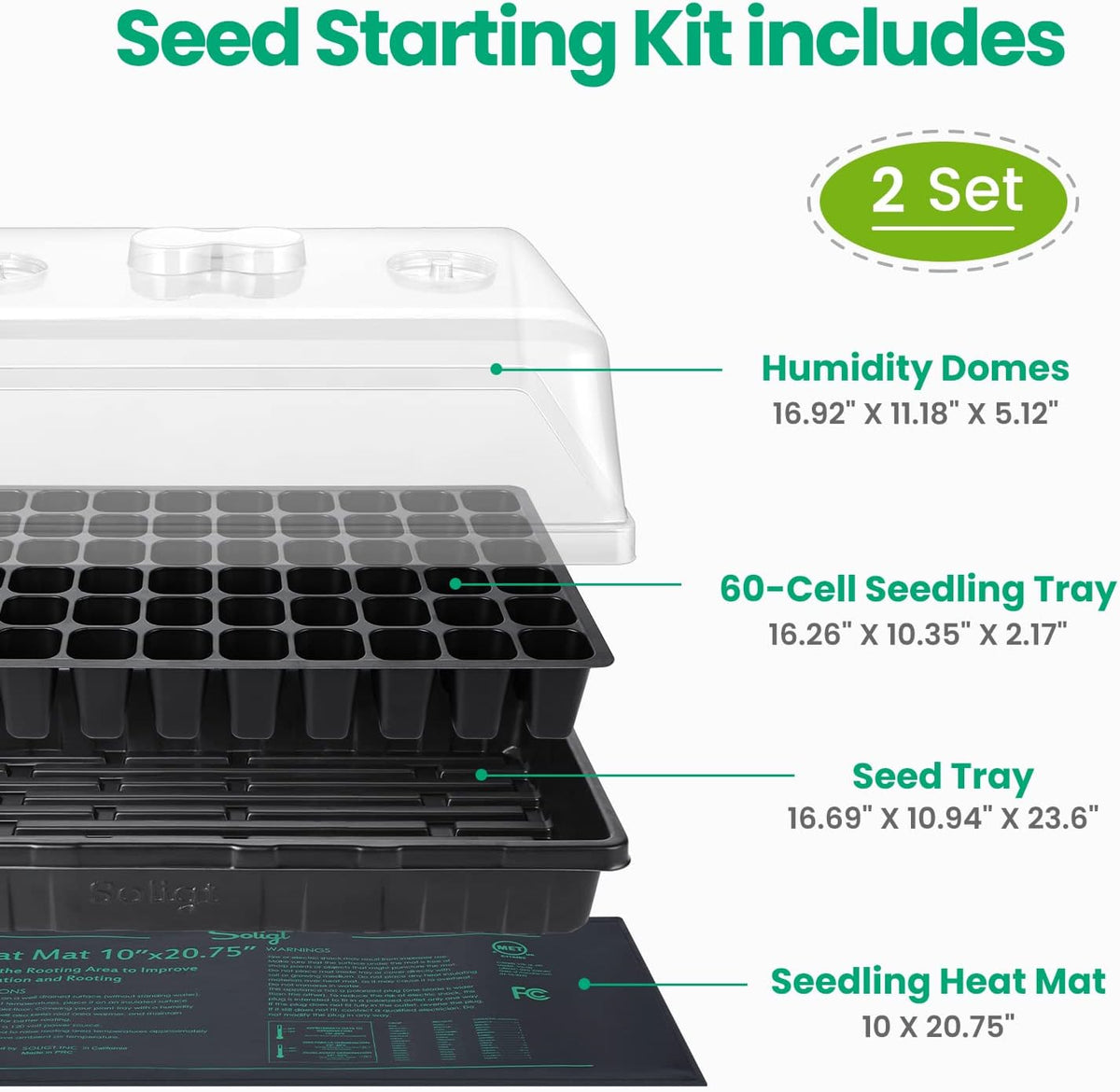 SOLIGT 2 Set 60-Cell Seed Starter Kit - Strong Seed Trays with Humidity Domes, Cell Trays and