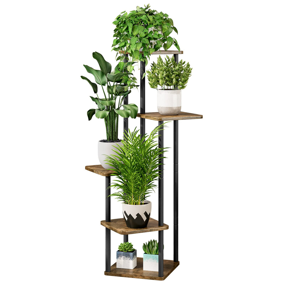 AZERPIAN 5 Tier Tall Plant Stand Indoor Corner Tiered Shelf Metal MDF Board