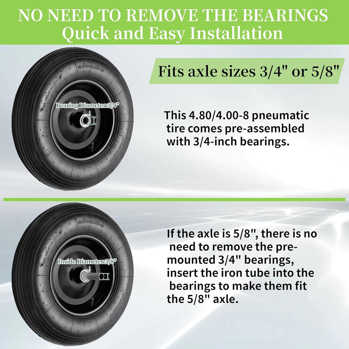 RRQ (2 Pack) 4.80/4.00-8 Tire and Wheel, 16" Pneumatic Wheelbarrow Tires with 3" Centered Hub and