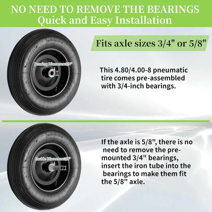 RRQ (2 Pack) 4.80/4.00-8 Tire and Wheel, 16" Pneumatic Wheelbarrow Tires with 3" Centered Hub and