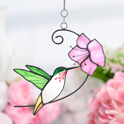Lolitarcrafts Hummingbird with Flower Stained Glass Suncatcher Bird Stained Glass Window Hangings