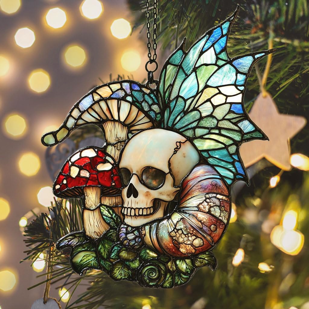 Boho Skeleton Mushroom Acrylic Suncatcher Stained Glass Effect Window Car Hanging Christmas