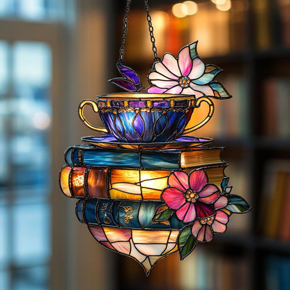 Floral Coffee Cup and Books Acrylic Suncatcher Stained Glass Effect Window Car Hanging Christmas