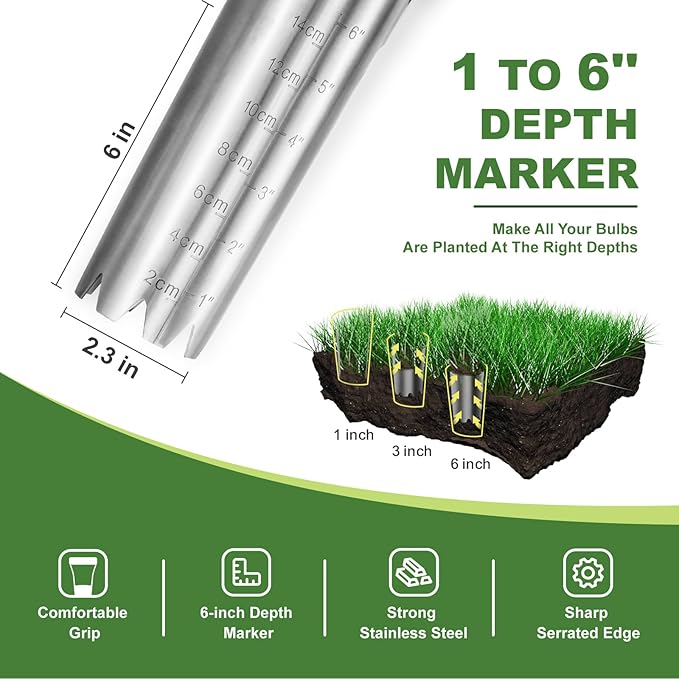 Haliaeetus Bulb Planter Tool, 6 inches Depth Mark Hand Bulb Planter, Non-Bending Stainless Steel