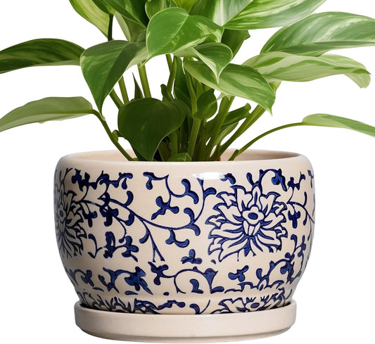 SQOWL Ceramic Planters for Indoor Plants - 8 inch Plant Pot with Drainage Hole and Saucer