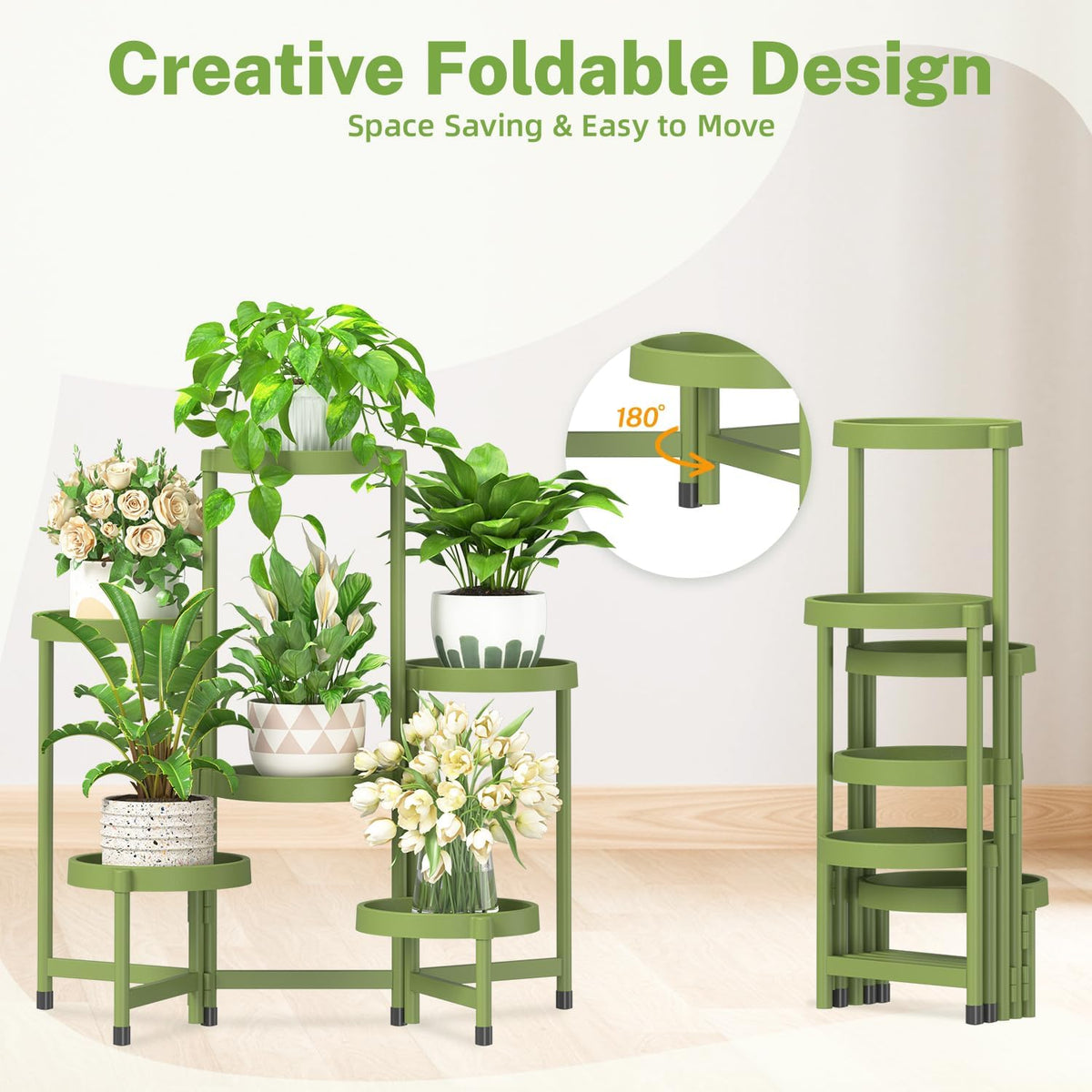 iDavosic.ly 6 Tier Folding Plant Stand Indoor Outdoor with Plastic Tray, Tiered Corner Flower