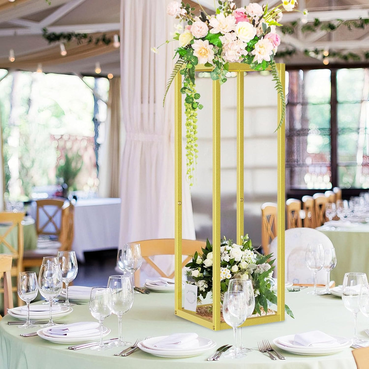 Gold Cylinder Stands for Party,2pcs Wedding flower stand,Metal Square Pedestal Stand for Display